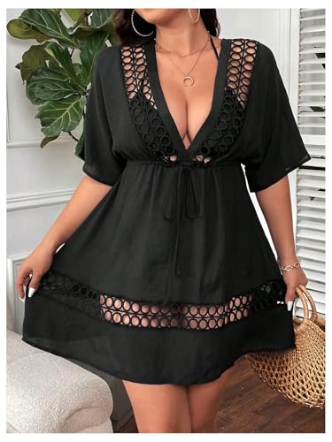 SweatyRocks Women's Plus Size Bathing Suit Cover Up Swimwear Hollow Out Beach Dress3