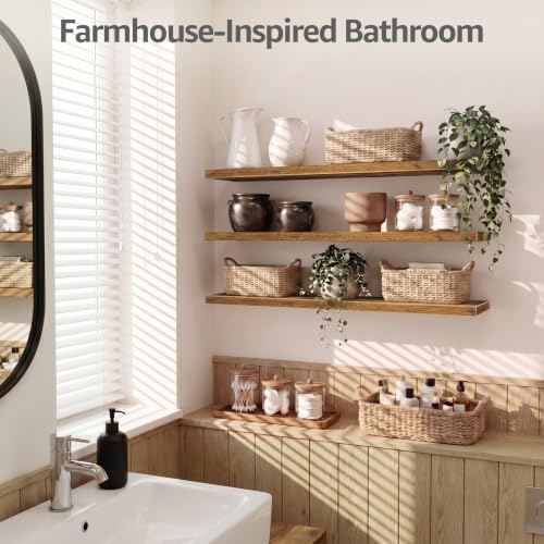 Image of QEEIG 12 inch Deep Floating Shelves for Wall - 12 x 48 inch Book Shelf Bathroom Bedroom Kitchen Living Room Hanging Bookshelf Farmhouse Set of 3, Brown (026-120BN3)