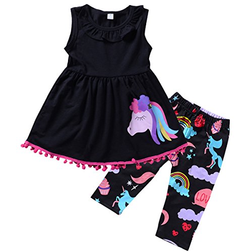 2-7T Toddler Girls Pony Sleeveless Shirt Tops Cropped Pants Outfits Clothes Set(5-6T, Black)