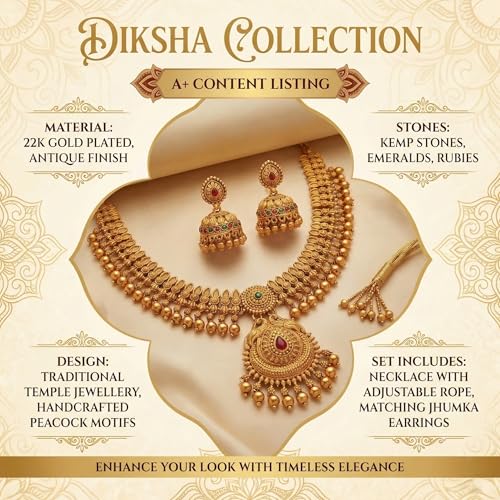 Image of Gold-Plated Antique Temple Jewellery Set for Women - Traditional Necklace with Large Peacock Pendant & Matching Jhumka Earrings | Ethnic Festive & Bridal Wear Set with Ruby & Emerald Accents