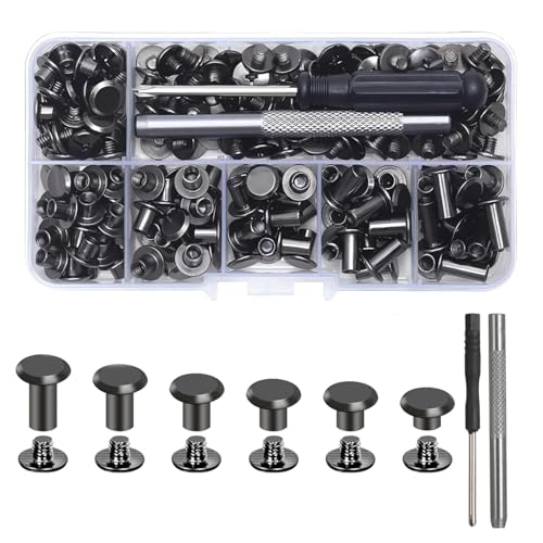 120 Sets Chicago Screws, M5 x 4/5/6/8/10/12Rivet Chicago Binding Screws, Chicago Book Binding Screws, Metal Rivets with Punch and Screwdriver,Rivets for Leather,Bags,Collar,Purse,Backpack,Belt (Black)