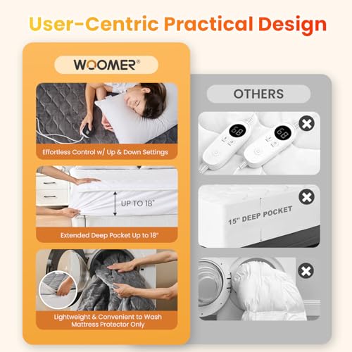 WOOMER Heated Mattress Pad Queen Size Dual Control - 60"x80" Electric Mattress Pad, 1-10 Heat Settings, 0.5-12H Auto Shut-Off, Removable Velvet Cover, 18" Deep Pocket, ETL Certified, Grey by WOOMER - Image 6