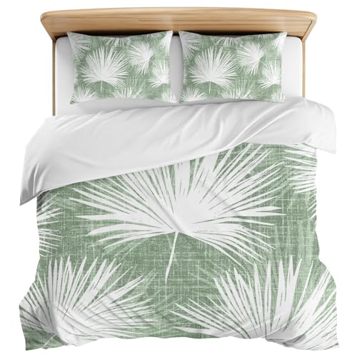 Boanket 3 Pieces Bedding Set Queen Size, Sage Green Palm Leaves Coastal Soft Duvet Covers Set with Zipper Closure, All-Season Breathable Comforter Cover and Pillowcases, Summer Tropical Botanical