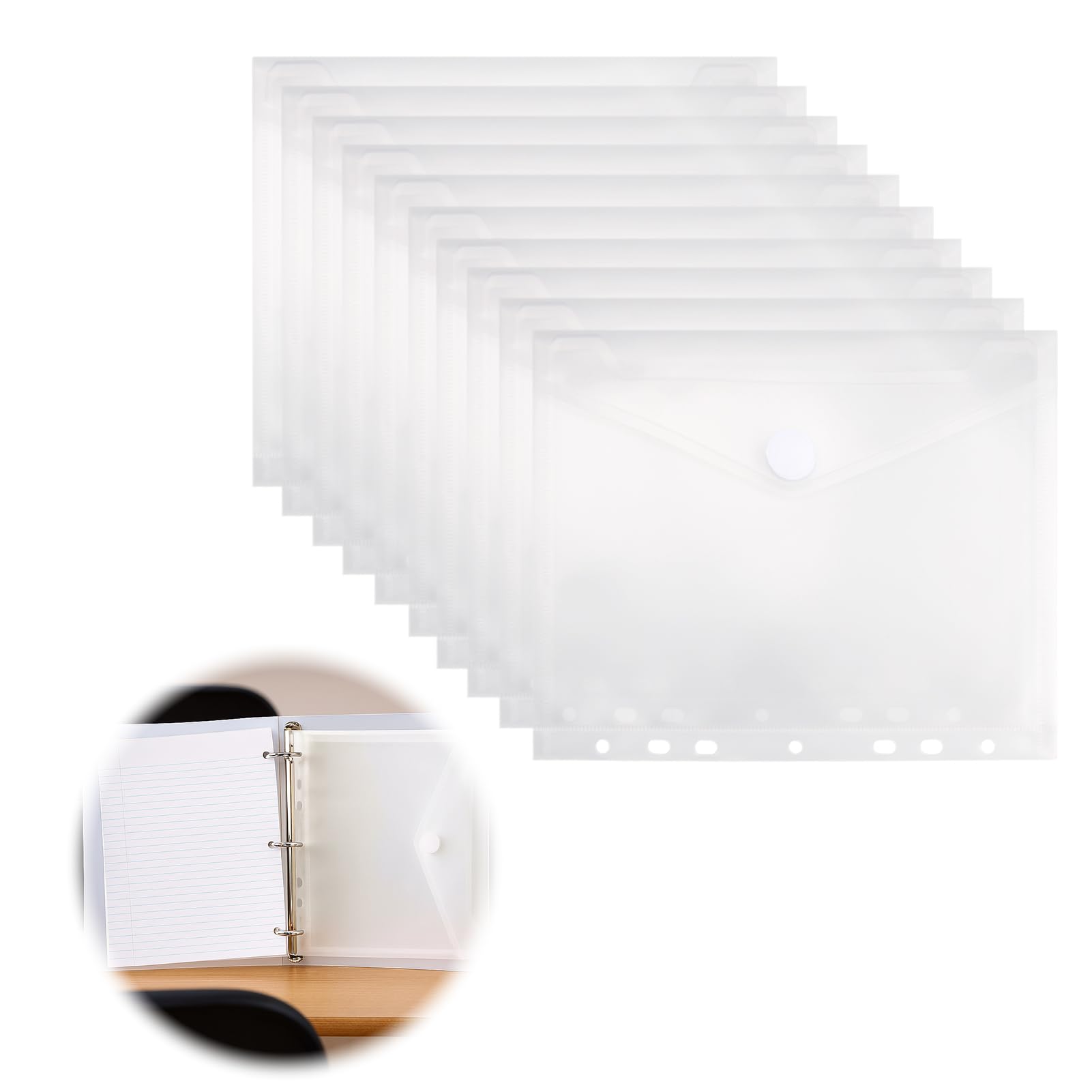 10PCS Sobres Archivador a5 con Botón, Fundas de Plástico A5 Perforadas 7 Agujeros, Funda Archivador A5 Impermeable para Documentos, Oficina Escuela Viaje 23x18cm