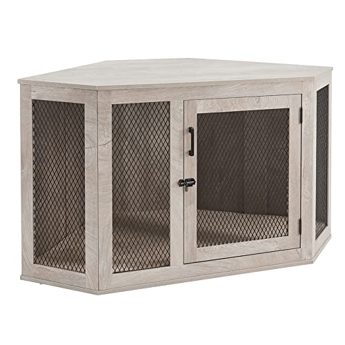 unipaws Large Corner Dog Crate with Cushion, Dog Kennel with Wood and Mesh, Dog House, Pet Crate Indoor Use, Weather Grey