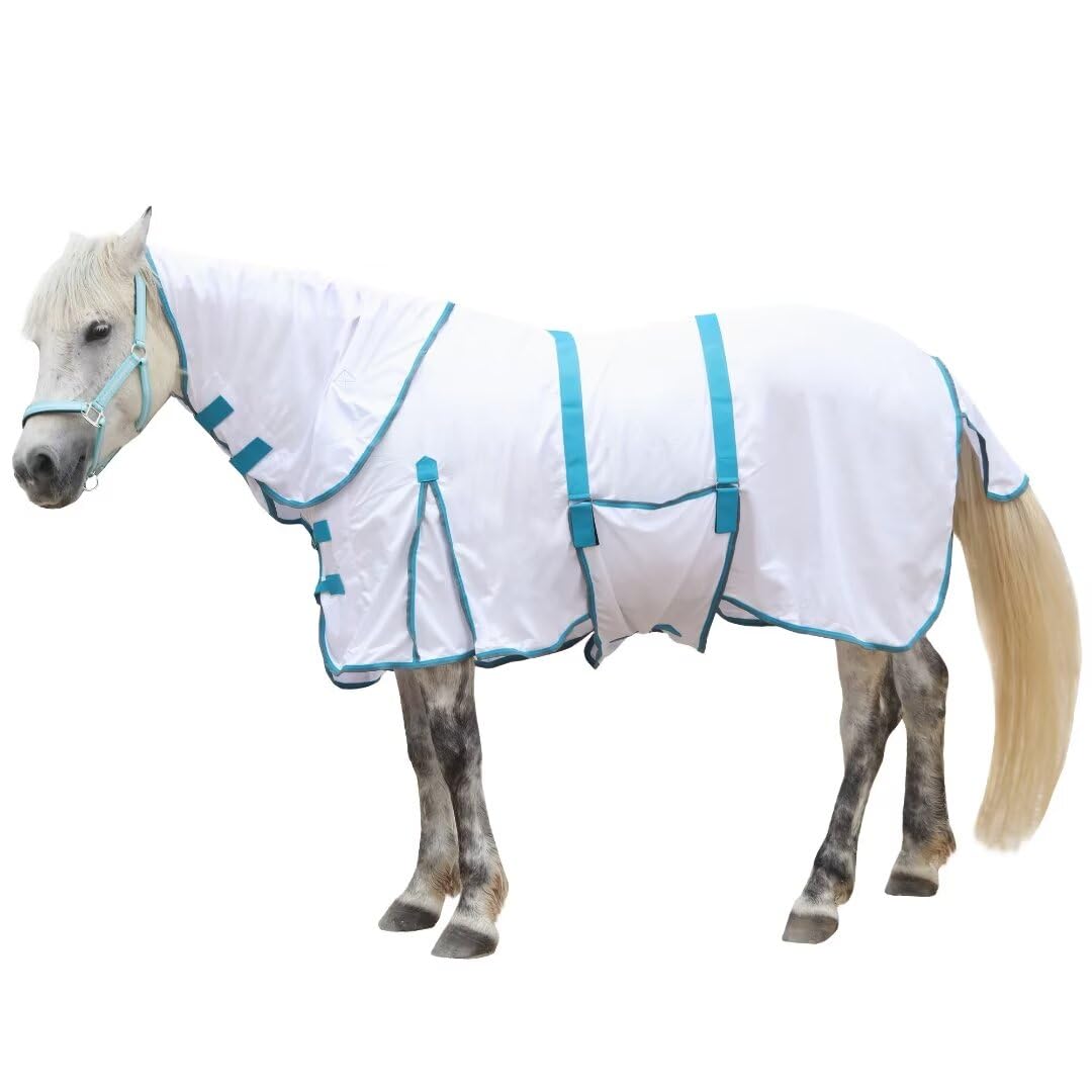 Horse Mesh Combo Fly Sheet with Adjustable Belly Guard and Detachable Neck Cover Lightweight and Breathable Protect Equines White 66"