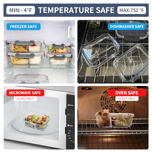 Image of GULFLIN 2 & 3 Compartment Meal Prep Containers - Glass Food Storage Lunch Containers with Lids, Bento Box, Portion Control, Freezer to Microwave Safe