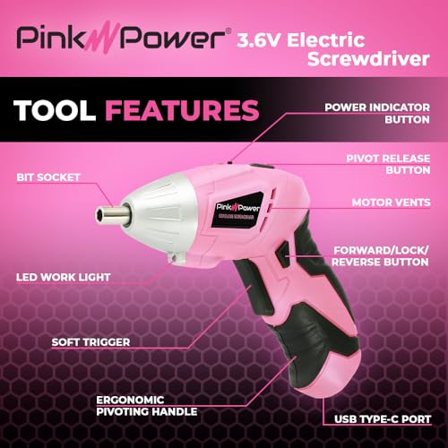 Pink Power Cordless Screwdriver Set - 3.6V Electric Screwdriver Rechargeable Screw Gun Kit - Automatic Mini Pink Drill Set for Women - Portable Small Drill Battery Powered Screwdriver LED Light