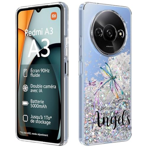 Anreixx Glitter Case for Xiaomi Redmi A3, Cute Dragonfly Pattern Silicone Cover with Shiny Sparkle Bling Quicksand & Soft TPU Bumper Cushion