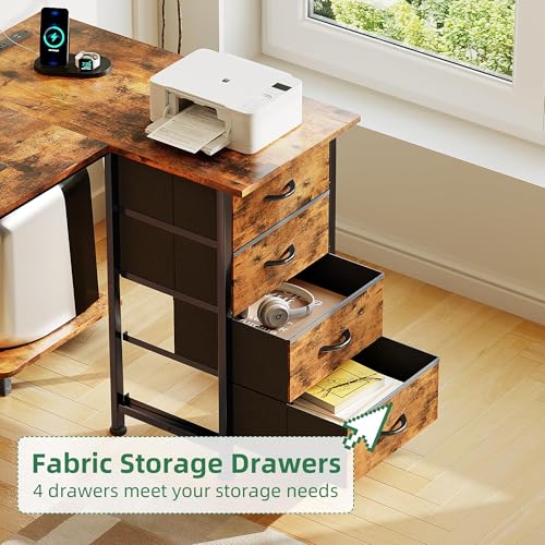 Image of VERMESS 63 inch Reversible L Shaped Gaming Computer Desk, Corner Desk with Power Outlets & Monitor Stand, Writing Study Table with 4 Storage Drawers, Desk with LED Lights, Rustic Brown