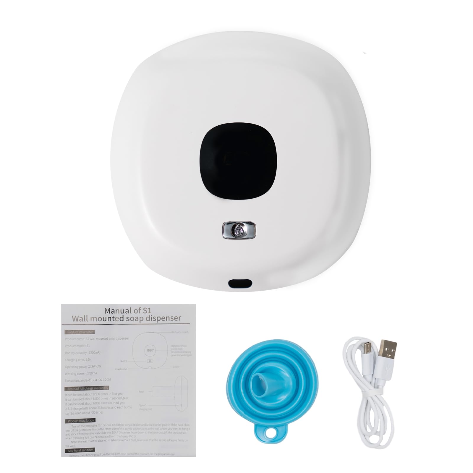 Dispenser di sapone automatico con sensore a infrarossi, senza contatto, montaggio a parete, 300 ml, ricaricabile tramite USB, per bagno, cucina, ufficio
