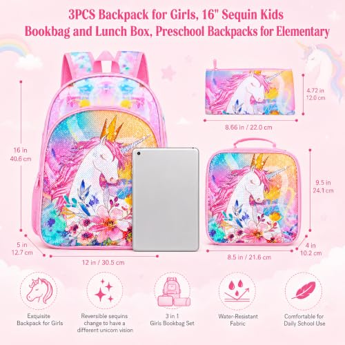 Image of CCJPX 3PCS Unicorn Backpack for Girls, 16 inchKids Preschool Sequin Bookbag and Lunch Box for Kindergarten Elementary