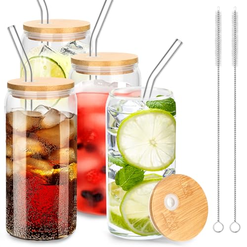 vvhippo Bicchiere da Birra con Coperchio e Cannuccia, 20oz (590ml) Tazze in Vetro da Caffè Ghiacciata, 4 pezzi a Forma di Lattina, Riutilizzabile, per Cocktail, Frappè, Succhi, Frullati, Birre