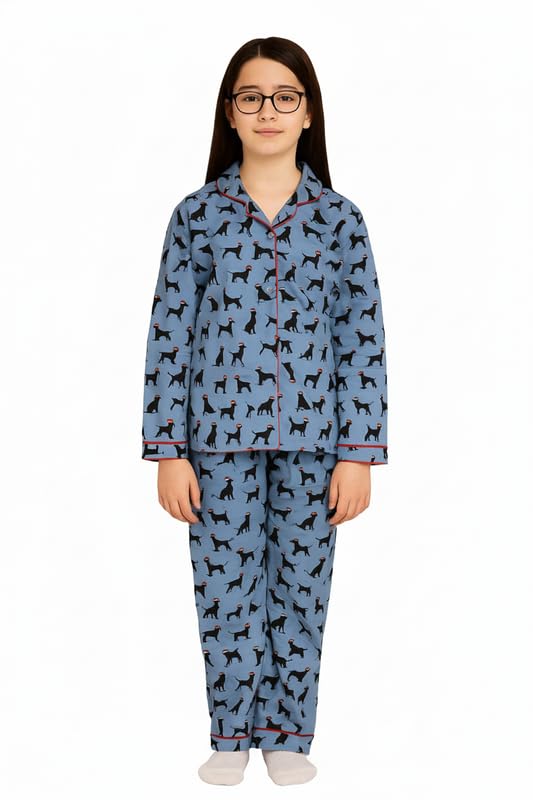 Image of Girls Premium Cotton Full Sleeves Printed Nightsuit Set | Collar Style Night Dress for Girls | Soft & Breathable Pajama Set | Trendy Kids Sleepwear & Nightwear