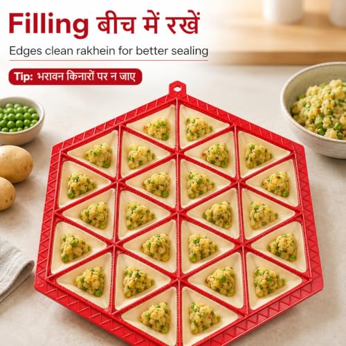 Image of Samosa Maker Mould, 24 Cavity ABS Plastic Tray - Red | Sealing dots, ABS plastic body, makes 24 samosas at once; keep filling away from edges for better sealing, Made in India