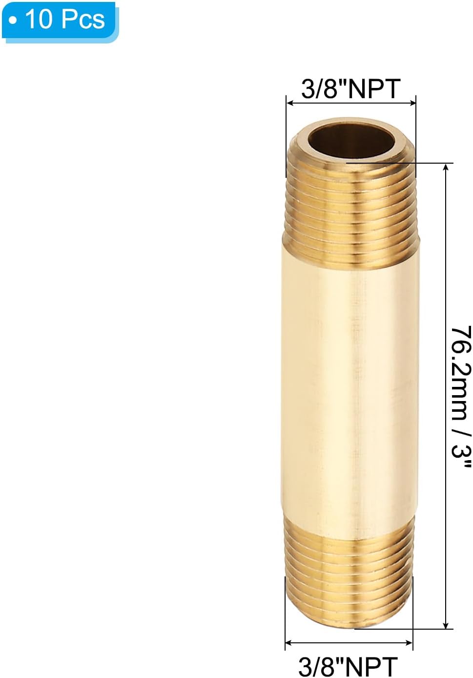 PATIKIL 10Pcs 3" Long 3/8" x 3/8" NPT Male Brass Pipe Fitting Long Nipple, Brass Tone