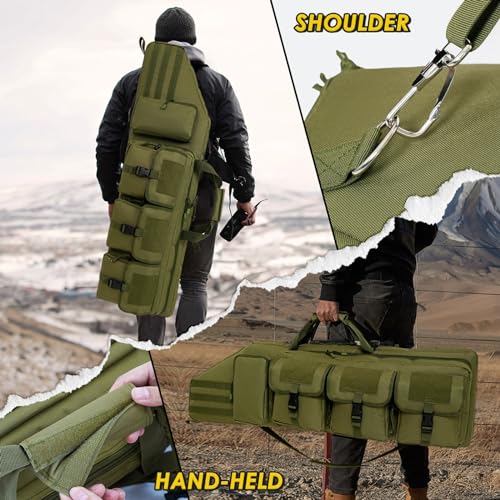 DULCE DOM Double Rifle Case 42\'\' Soft Gun Bag Tactical Backpack with Movable Divider for Hunting Shooting Range, MOLLE System Multiple Magazine Pouches & Accessory Bags (GREEN)