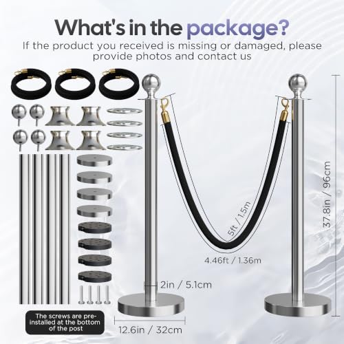 Image of 4 Pack Silver Stanchions and Velvet Ropes Set, Stainless Steel Crowd Control Barriers, 3Pcs Black Ropes and Poles for Party Supplies,Photobooth Accessories,Prom,Birthday,Business,Wedding, Museums
