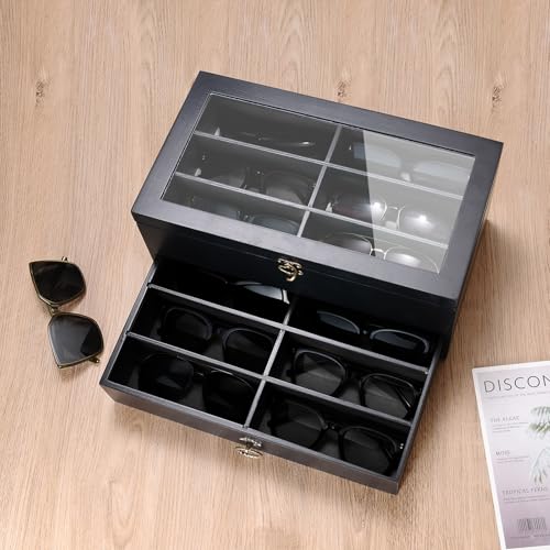 Image of Wooden Sunglasses Storage Organizer, 12 Slots Sunglasses Organizer Case for Multiple Pairs, Eyeglasses Display Case for Gift, Holder Watches Jewelry Collection for Men Women, Black