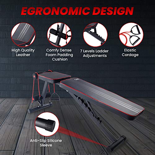 2021 Newest POSTWAVE Adjustable Weight Bench for Home Gym, Foldable Weight Lifting Workout Bench, Multi-Position Utility Bench for Full Body Workout, Folding Dumbbells Bench with Elastic Ropes