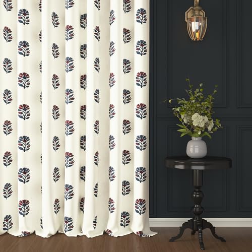 Image of Story@Home Cotton Curtain | Curtains 8 Feet Long Set of 2 | Motif Printed | Bohemian Curtain | Room Darkening | Semi Long Door Curtains for Living Room | (116 X 242 Cm, White & Maroon /Navy Blue)