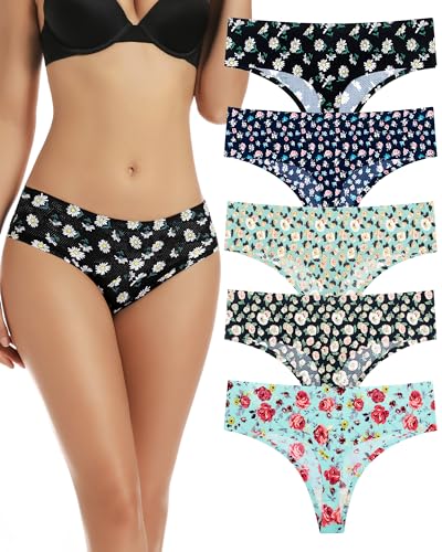 Image of voenxe Seamless Women Underwear Thongs,High Waisted No Show Ladies Panties,Breathable Comfy Active Hi Rise Cut Undies,5-Pack