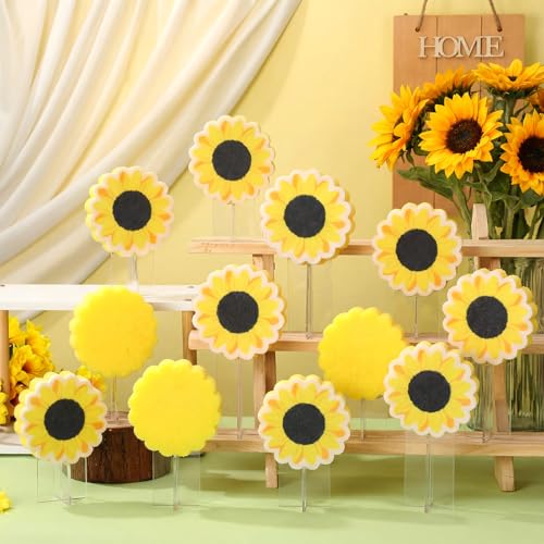 Image of Tioncy 12 Pack Sunflower Kitchen Sponges Bulk Dual Sided Scrubber Yellow Sunflower Sponges Dishwashing Kitchen Cleaning Accessories for Funny Christmas Holiday Household Supplies