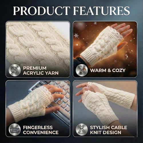 Image of Kraptick Women's Cable Knit Fingerless Gloves - Winter Arm Warmers with Elegant Lace Trim & Thumb Hole - Soft Woolen Thermal Half Finger Mittens for Typing, Driving & Office Work (Free Size, khaki)-1