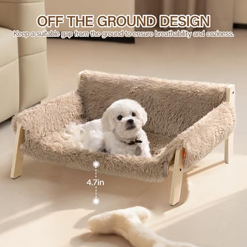MEWOOFUN Erhöhtes Katzenbett Sofa aus Holz, 56x45cm robust großes Katzensofa – modischer Katzenstuhl mit abnehmbarem Matratzenbezug Belastbar mit 10 kg (Braun, 70x53cm)