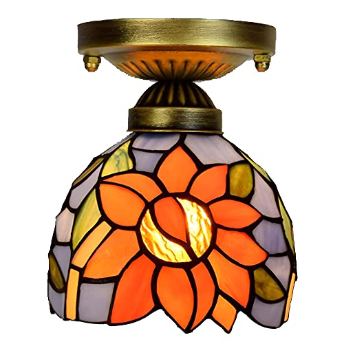 FYZDLAOR Luces de techo estilo TiffanyStyle con girasoles azules, mini lámpara de techo de vidrio de colores de 6 pulgadas, lámpara de techo semiempotrada para dormitorio, comedor, sala de estar