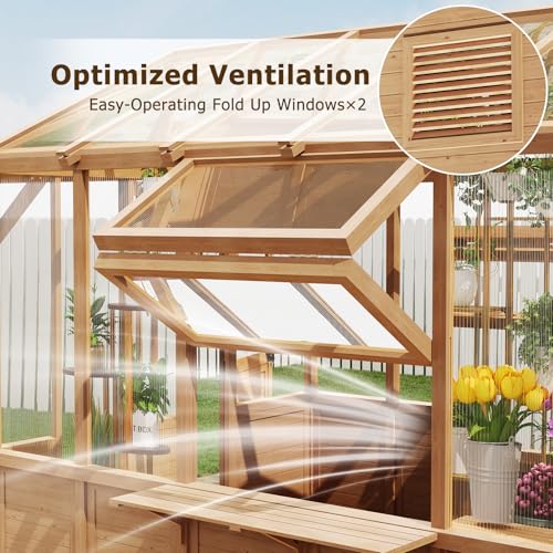 Image of EROMMY 7x11 FT Spruce Wood Greenhouse with Pergola, Walk-in Polycarbonate Greenhouse Kit with Top-Hung Windows, Built-in Workstation and Staging Shelves for Backyard Garden