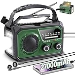 27000mAh Wind Up Radio Solar Battery Torch, Emergency Crank Radio, with Power Bank, IPX4 Waterproof, AM/FM Radio, SOS Alarm, Flashlight & Cell Phone Charger for Camping, UK Power Cuts-Army Green