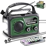 27000mAh Wind Up Radio Solar Battery Torch, Emergency Crank Radio, with Power Bank, IPX4 Waterproof, AM/FM Radio, SOS Alarm, Flashlight & Cell Phone Charger for Camping, UK Power Cuts-Army Green