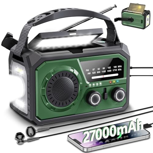 27000mAh Wind Up Radio Solar Battery Torch, Emergency Crank Radio, with Power Bank, IPX4 Waterproof, AM/FM Radio, SOS Alarm, Flashlight & Cell Phone Charger for Camping, UK Power Cuts-Army Green