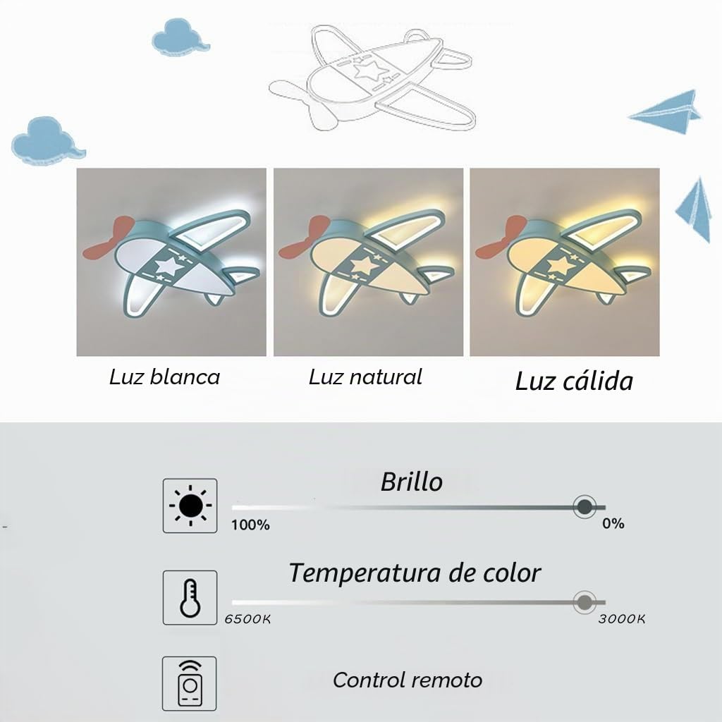 Lampara LED Techo De Infantil 52W Lámpara De Avión Regulable Con Mando A Distancia 3000K-6500K Plafón LED Techo Cuarto De Niños Para Salón Habitación Infantil, 76cm Azul Cielo