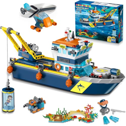 HOGOKIDS City Arctic Explorer Ship Building Set with LED Light - Kit de Construction de Bateaux flottants avec hélicoptère Cadeau d'anniversaire pour Les Enfants de Plus de 6 Ans, garçons et Filles