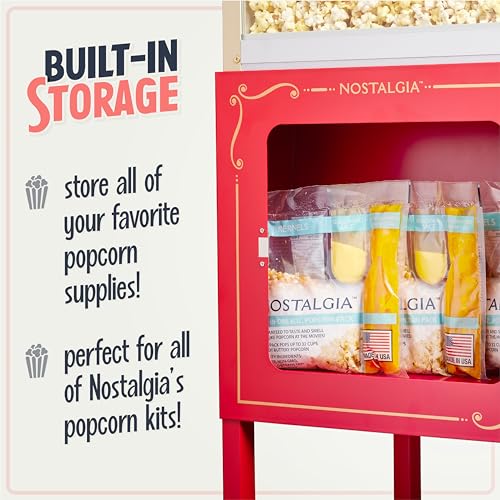 Nostalgia Popcorn Maker Professional Cart, 10 Oz Kettle Makes Up to 40 Cups, Vintage Movie Theater Popcorn Machine with Interior Light, Measuring Spoons and Scoop, Red