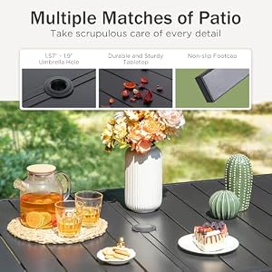 PHI VILLA 7 PCS Patio Dining Set with Umbrella Outdoor Dining Set with 6 Adjustable Folding Patio ChairsBlack Beige Patio Umbrella for Backyard