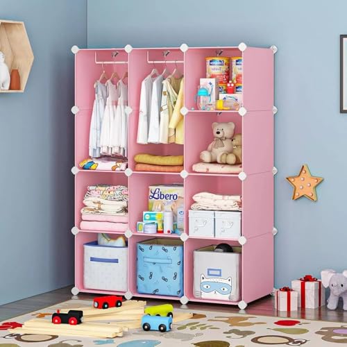 Image of Plastic Wardrobe for Kids, Baby Cupboard for Storage, 12 Cubes Almirah, Cupboard for Clothes, Collapsible Wardrobe for Baby Clothes /Toy /Book for Kids Bedroom -Pink -KTM2