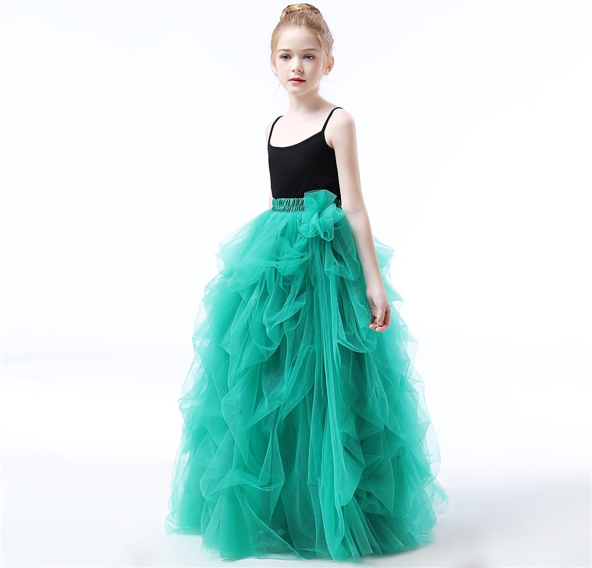 Qmker Girls Long Tutu Skirts Princess Slit Dress Candy Color Tulle Maxi Floor Length for Birthdany Party Handmade (12, Green)