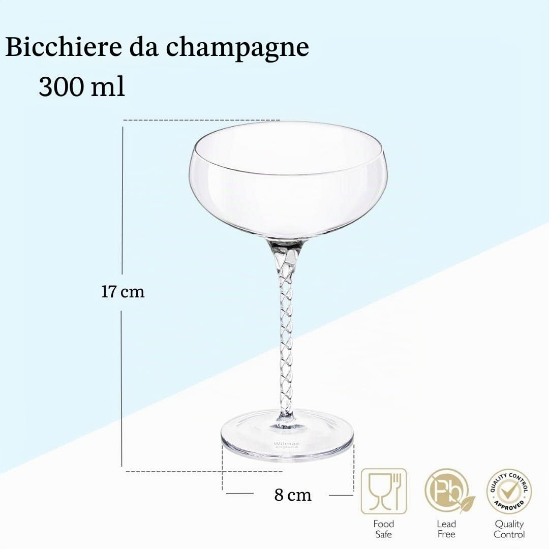 Wilmax Bicchieri da champagne, set da 2-300 ml - Bicchieri da bere per matrimoni, feste, compleanni - Coppe da champagne - Bicchieri da vino spumante - Flûte per Prosecco