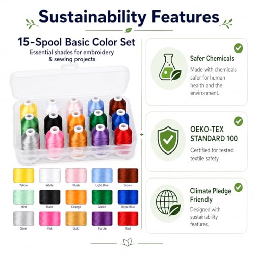 Image of Simthread 15-Color Polyester Embroidery Thread Set, Basic Color Series | 15 coordinated 1000M polyester spools for machine embroidery, quilting, patches, monograms and everyday sewing.