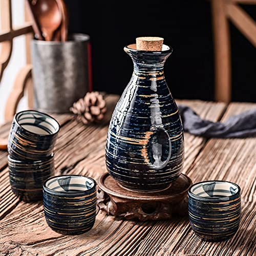 Sake Set Blue Japanese 5 Pcs Traditional Japan Sake Cup Set Hand Painted Design Porcelain Pottery Ceramic Cups Crafts Wine Glasses Gifts (Blue Rich, 300 Ml) #TOP4