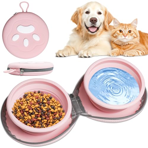 Mugtide Confezione da 2 Ciotole Pieghevoli per Cani, Ciotole da Viaggio in Silicone per Animali Domestici, Ciotole da Viaggio Portatili per Cani, Ciotole D'acqua Pieghevoli, 450 ML (Rosa)