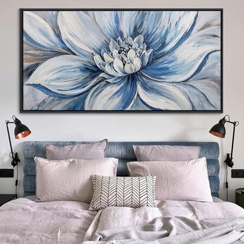 Image of Pogusmavi Blue Floral Wall Art for Living Room - Large Textured Flower Pictures for Bedroom - Canvas Paintings, Extra Large Blue and White Wall Decor Dining Room Artwork for Walls 29x58IN