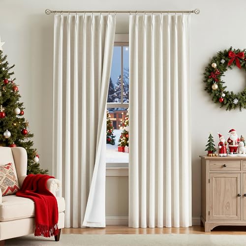 Vision Home Natural Full Blackout Curtains Linen Blended Darkening Window Curtains 84 inch for Living Room Bedroom Thermal Insulated Pinch Pleat Drapes with Hooks 2 Panel 40'Wx84'L