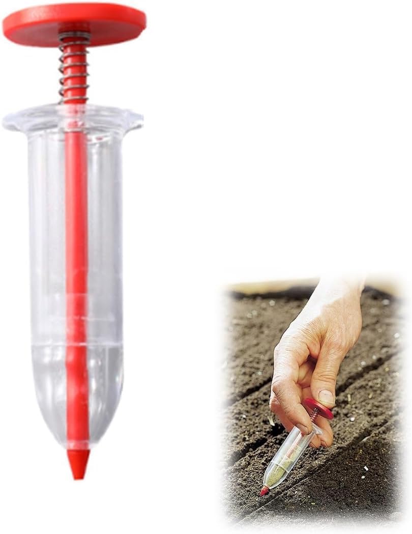 Handheld Seed Planter and Sowing Seeder - Adjustable Mini Seed Dispenser with Depth Control | Precision Manual Spreader for Garden Planting, Lawn Care, Flower Beds (Ergonomic Design, Red)