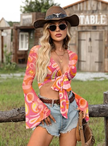 For G and PL Women Tie Front Bell Sleeve Rave Crop Tops Floral Print Hippie Mesh Sheer Shirt2