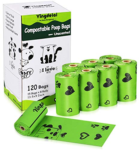 Yingdelai 120 bolsas de basura para perros compostables, biodegradables, resistentes para caca u0096 La mejor calificación EN 13432 (sin aroma)