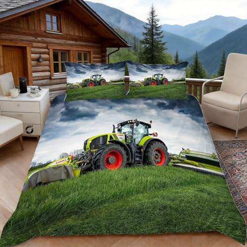 Duosm Housse de Couette 240 x 260 Tracteur Agricole, 2 Personnes, Parure de Lit Thème de la Ferme Microfibre avec 2 x Taie d'oreiller 65x65 cm avec Fermeture...